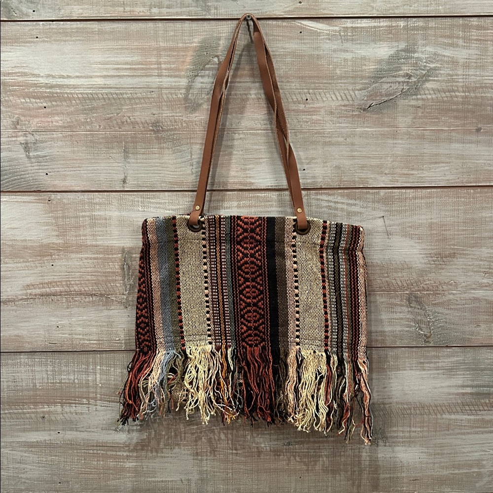 NWT RAJ leather tote with colorful fringe and stripes